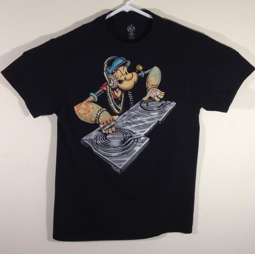 Popeye Sailor Man Mens Crewneck DJ Turntable Shirt